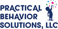 A icon of a kid reaching stars in blue with Transparent background with the word practical behavior solutions